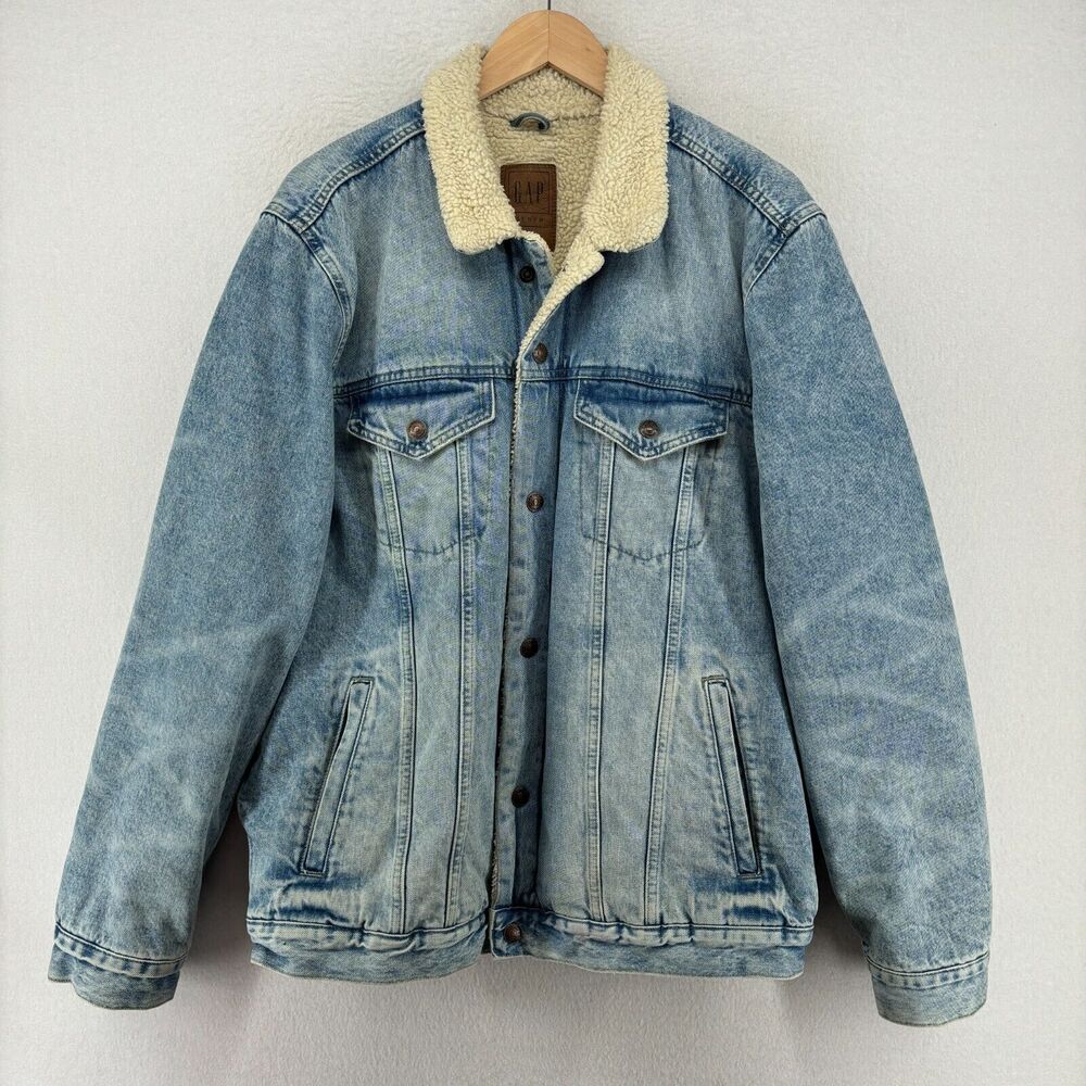 GAP DENIM Jacket Mens XL Trucker Sherpa Fleece Snap Front Cotton Light Wash Blue - Picture 2 of 14